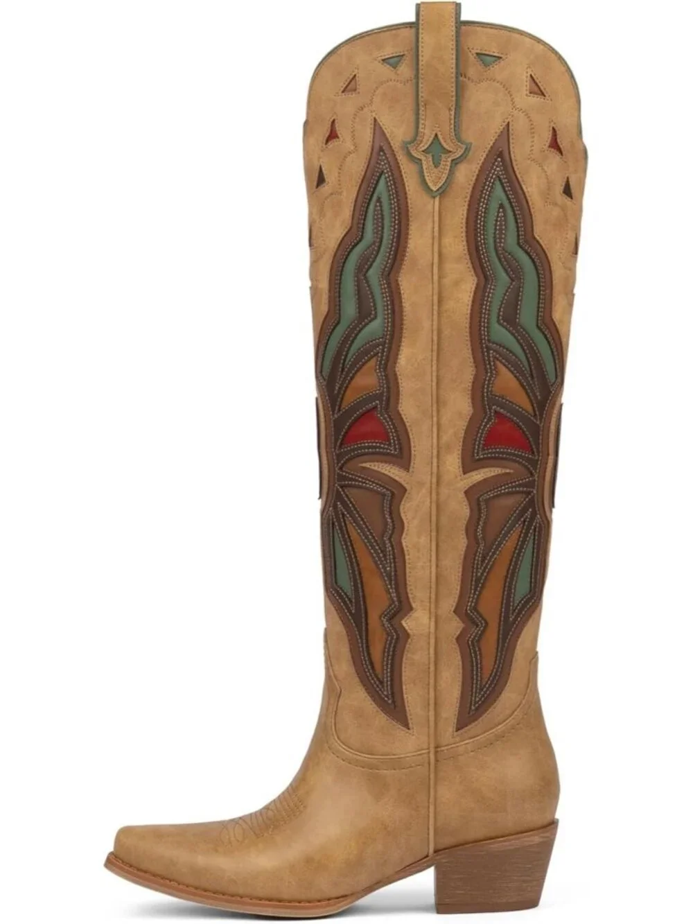 Women light Brown Cowboy Knee High Chunky Heel Butterfly Cowgirl Boots Wide Calf